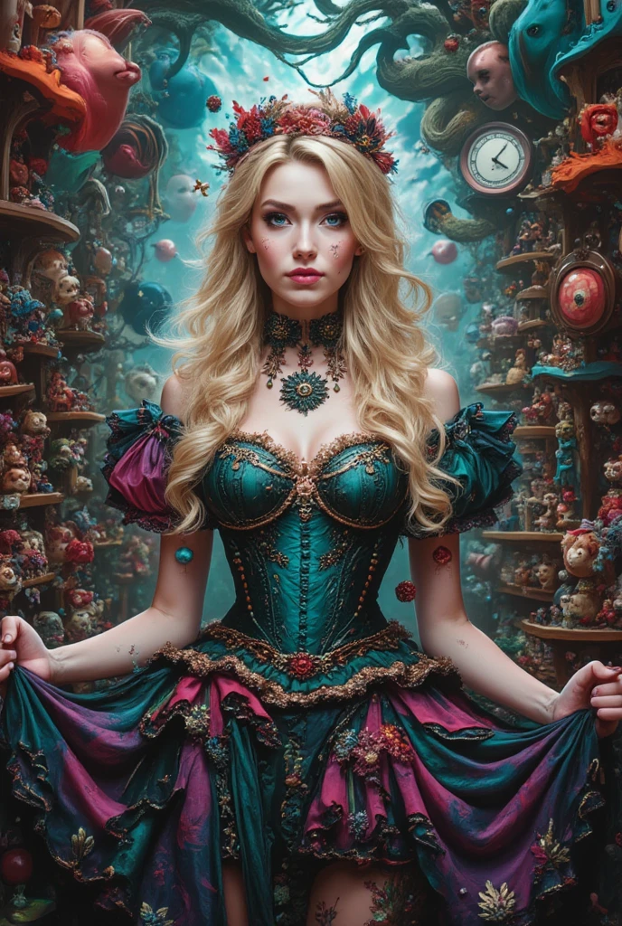 Clear photograph of a woman's upper body. The background is a room, with numerous objects such as stuffed animals, clocks and figurines on shelves, with no margins. Colouring is in a psychedelic style. Strong visual impact and bright colours are used.
Curves, swirls and wave-like shapes are incorporated, creating a fantasy atmosphere. Combines nature and fantasy. Represents unrealistic landscapes. Incorporates dynamic elements to create visual flow.

Slavic blonde beauty in gothic corset dress with highly detailed cutwork, intricately detailed stitched dress, highly detailed hair ornament, highly detailed patterned stockings, highly detailed ribbon belt, highly detailed panoramic view, background outrageous. Incredible number of snowflakes falling.