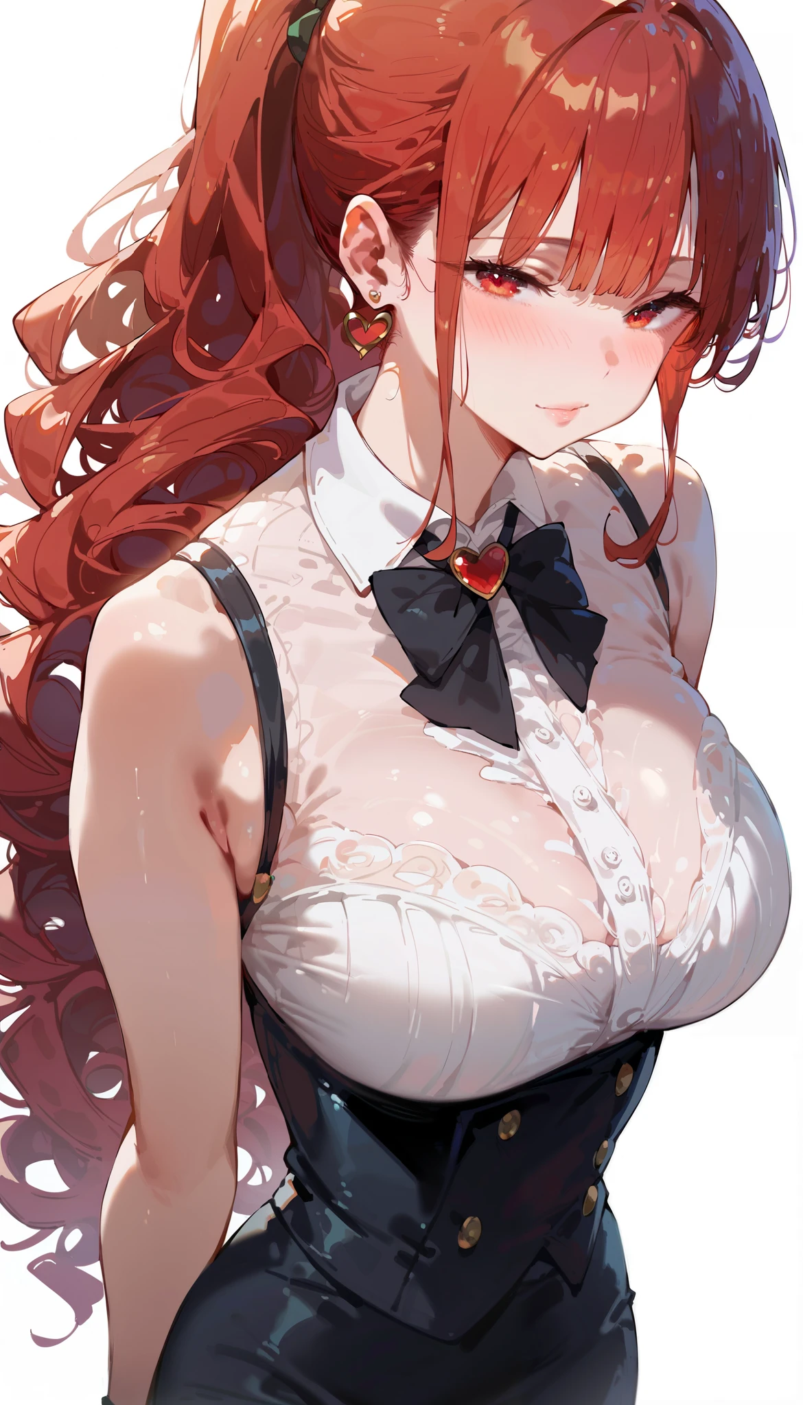 score_9_up, score_8_up, score_7_up, high quality, shaded, masterpiece, light blush, 1girl, heart earrings , red hair,  ,red eyes, large breast, High ponytail, long side hairs, eyes through bangs, tuxedo, standing, white background, looking at viewer, curly hair