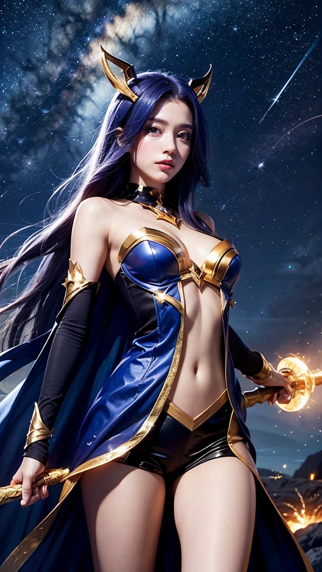 24 year old girl, superheroine in black and purple costume covering legs, long black hair, small glowing purple orb floating next to her, intricate detail, masterpiece,