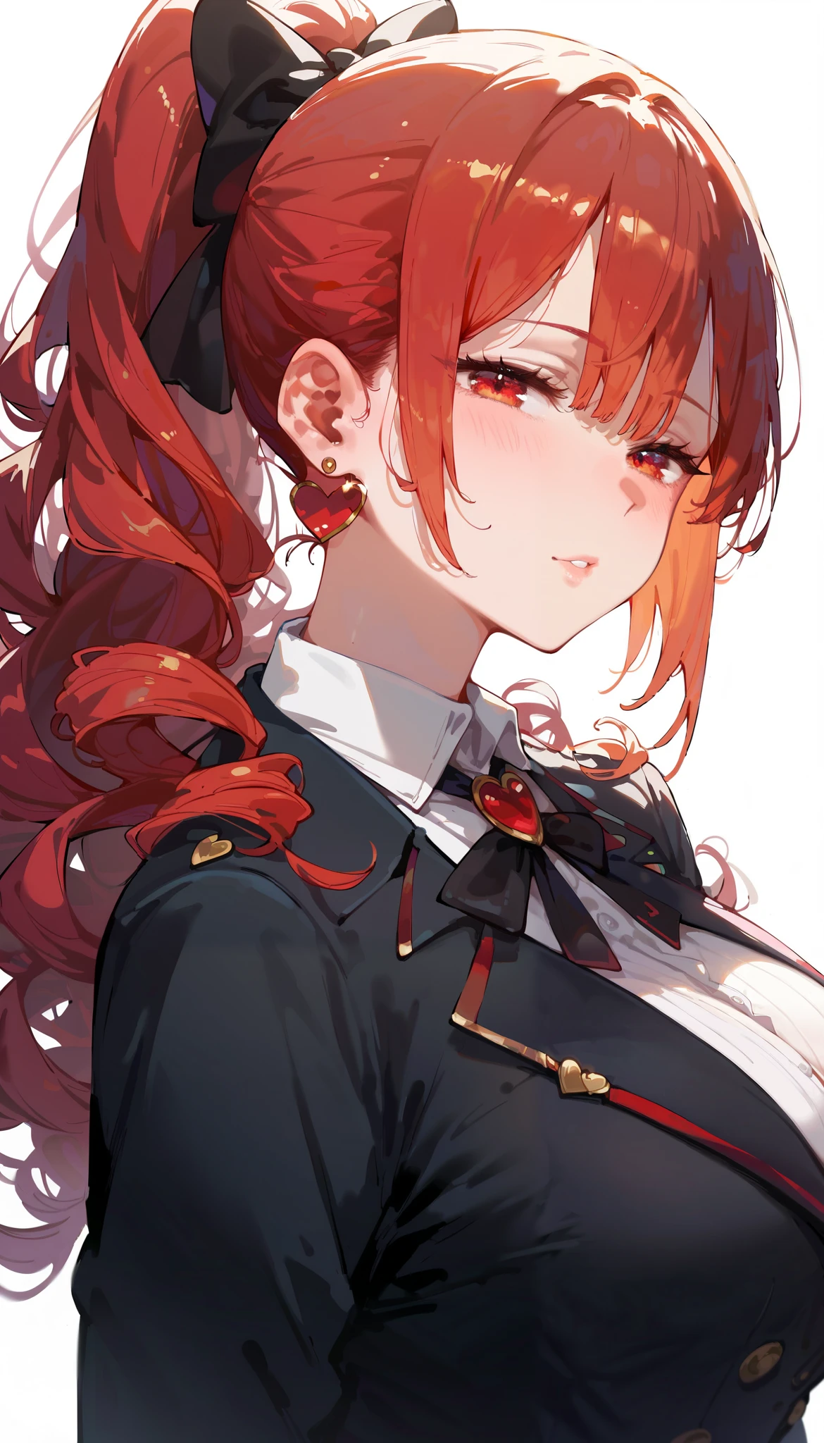 score_9_up, score_8_up, score_7_up, high quality, shaded, masterpiece, light blush, 1girl, heart earrings , red hair,  ,red eyes, large breast, High ponytail, long side hairs, eyes through bangs, tuxedo, standing, white background, looking at viewer, curly hair