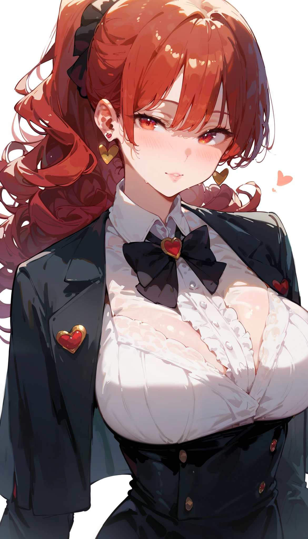 score_9_up, score_8_up, score_7_up, high quality, shaded, masterpiece, light blush, 1girl, heart earrings , red hair,  ,red eyes, large breast, High ponytail, long side hairs, eyes through bangs, tuxedo, standing, white background, looking at viewer, curly hair