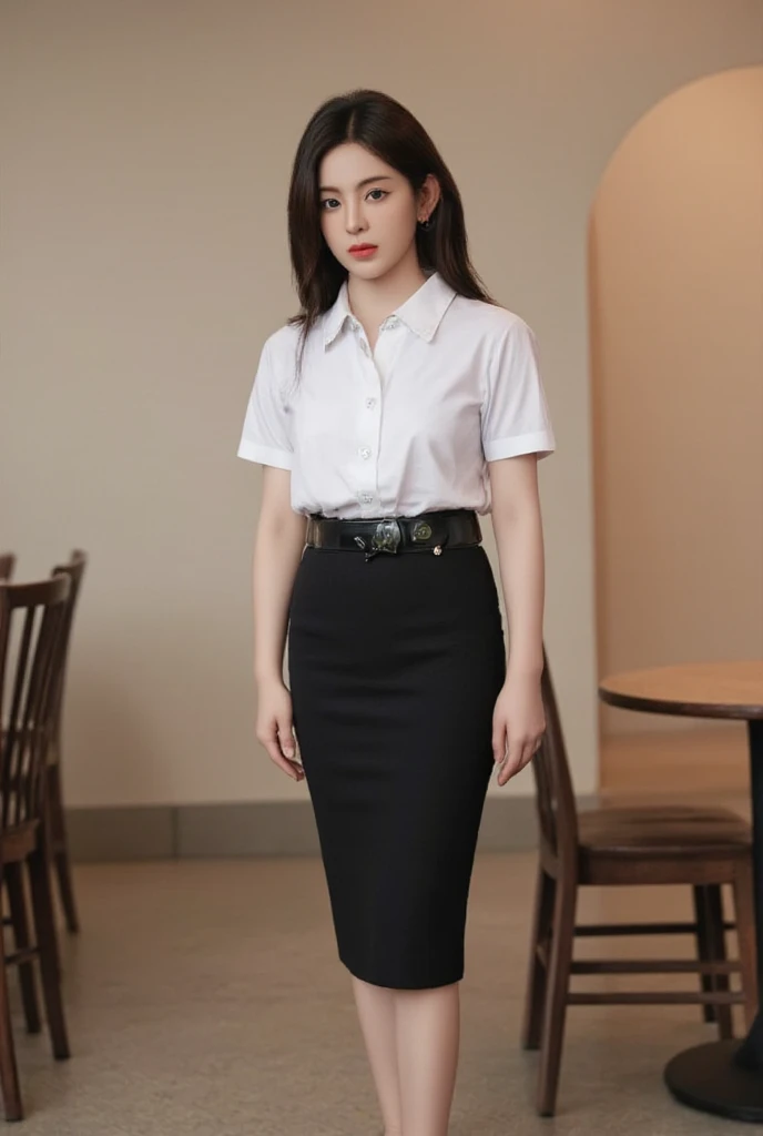  Chinese women, smooth bob, age : 23 years old, height about 177 cm .  white skin, natural and symmetrical shape, dress, short-sleeved white collared shirt, belt,  sexy black pencil skirt ,  standing pose cafe casual 