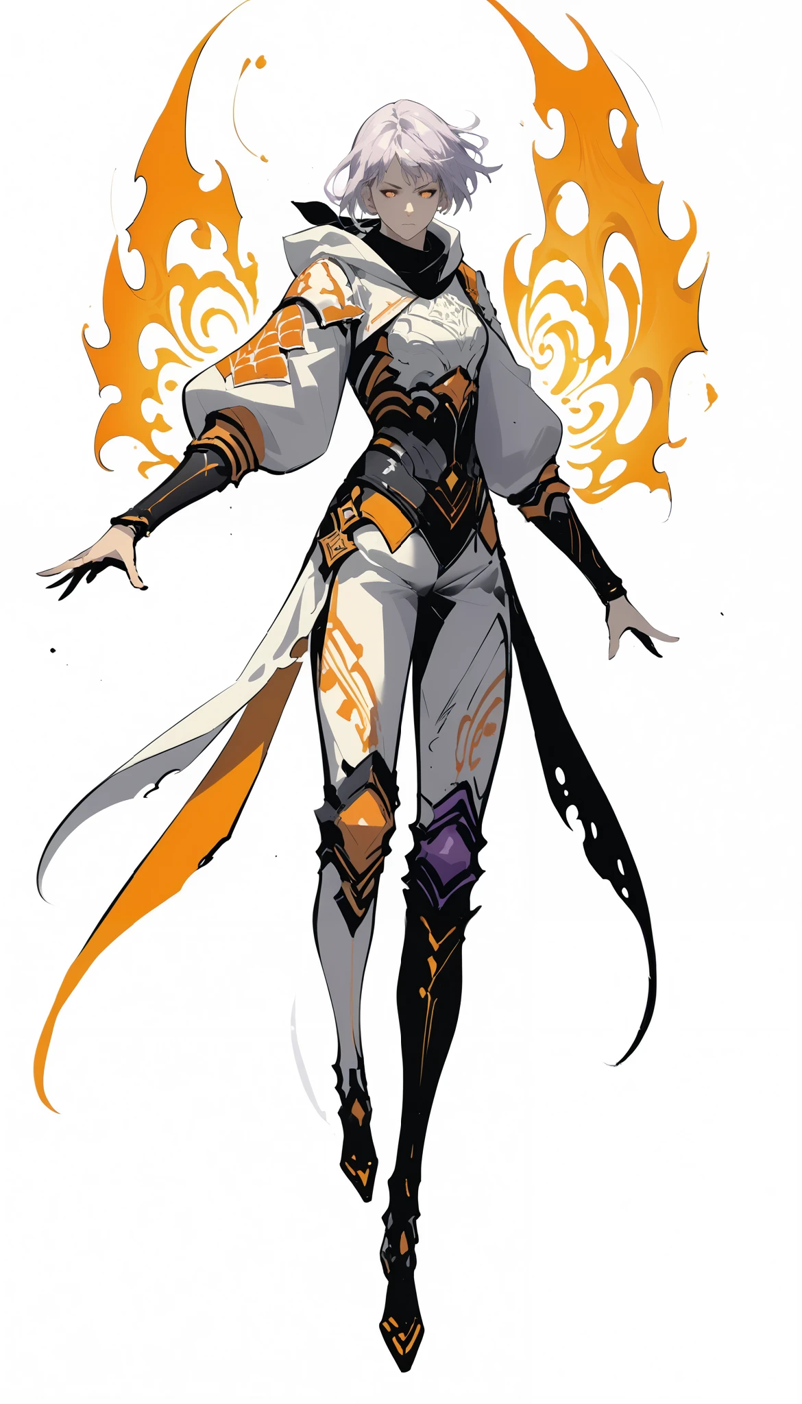 woman in fantasy clothes, white short hair in a ponytail, white hood, Torn black scarf, white purple and black Armor, aura (orange),, perfect Anatomy, intricate pencil sketch, un-zoom, highly detailed, Dynamic pose, white background, full body view