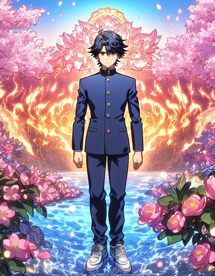 Ultra detailed, highres, absurdres, HDR, master piece, 10 Feet Tall anime boy black hair anime boy, Closed mouth, serious, kuudere,  misaki mei man, delgado, black Gakuran Buttoned up uniform collar, Long legs, white sneakers,2D default standing, hands to the sides,as senpai,Friday Night Funkin, fantasy, pink petals, water, pink flowers, handsome, sexy man, solo, best quality, blossoms, blue shining fireflies, blue clothes, ice and fire, magical, 