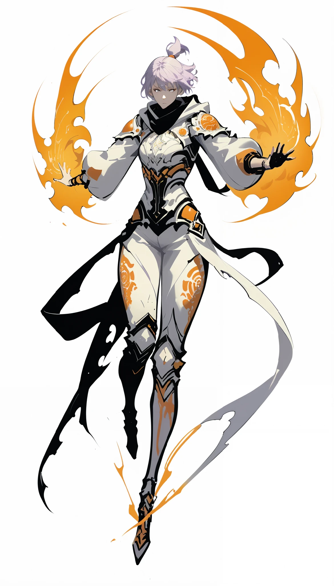 woman in fantasy clothes, white short hair in a ponytail, white hood, Torn black scarf, white purple and black Armor, aura (orange),, perfect Anatomy, intricate pencil sketch, un-zoom, highly detailed, Dynamic pose, white background, full body view