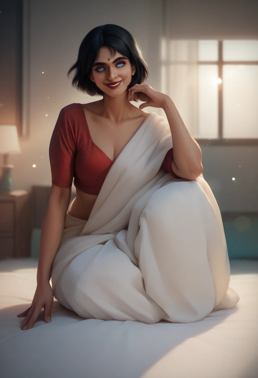 Real girl, India girl, 1girl, pale skin, pale skin girl, black hair, short hair, bob hair, blue eyes, red lips, girl wear saree, white saree, at bedroom, smile, bokeh, full body, 