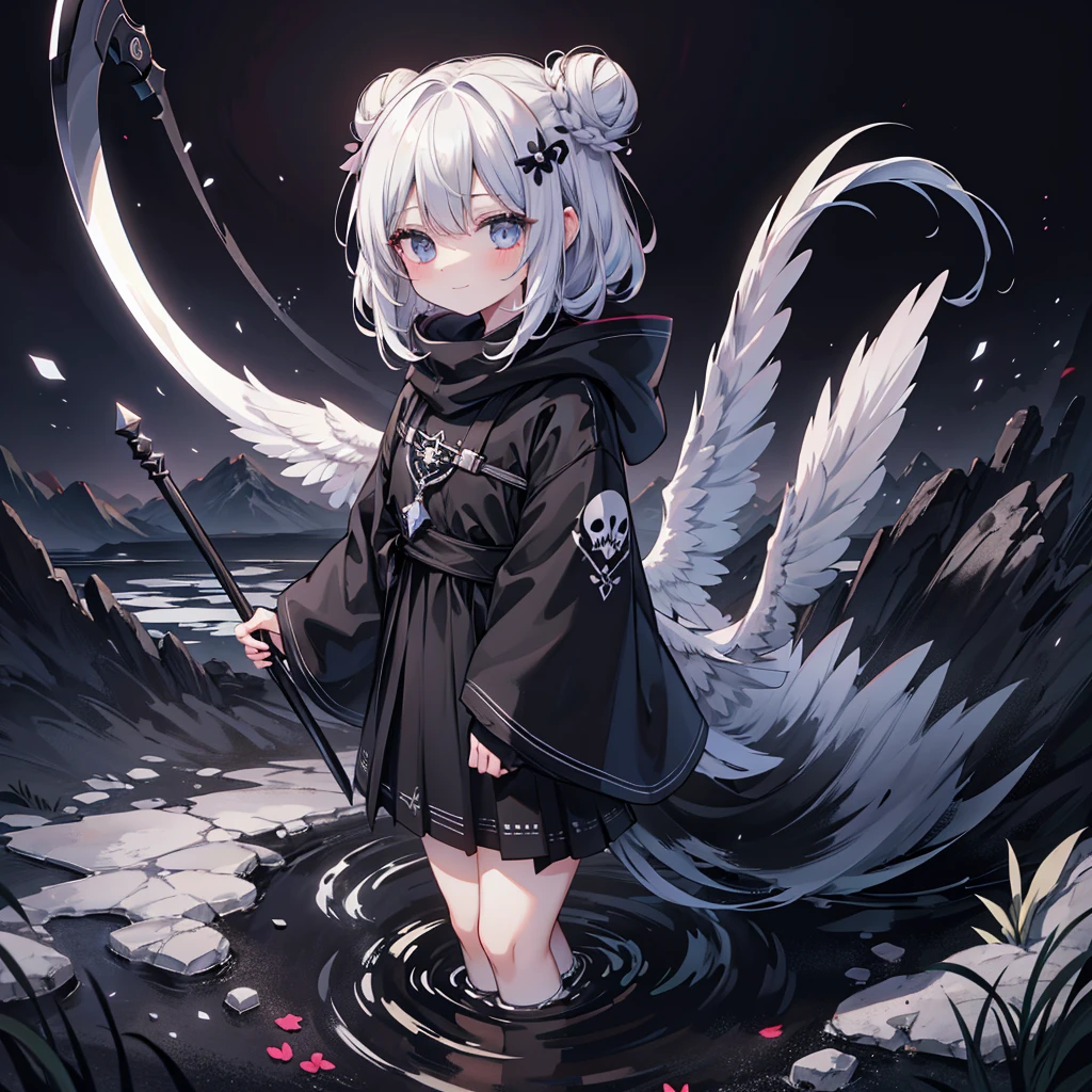 Alone,1 Female\(grim Reaper,cute,Cute,Age 10, hair color is white ,  hair with braids, messy hair,Eye color is dark, big eyes, white skin, big smile,enjoy, full body ,grim Reaperの黒いローブを着て,( black hood ), has a scythe,skip, flower hair ornament with bun head ,White Hair,(Body transparent:0.8)\),background\((Black Sky:1.5),Skull on the ground , dead flowers scattered on the ground ,Red water\), break ,quality\(8k,極めて詳細なCGユニットのwallpaper, ​masterpiece, High Definition ,top-quality,top-quality real texture skin, surrealistic, increase resolution , RAW photo,最高のquality, very detailed,wallpaper\)