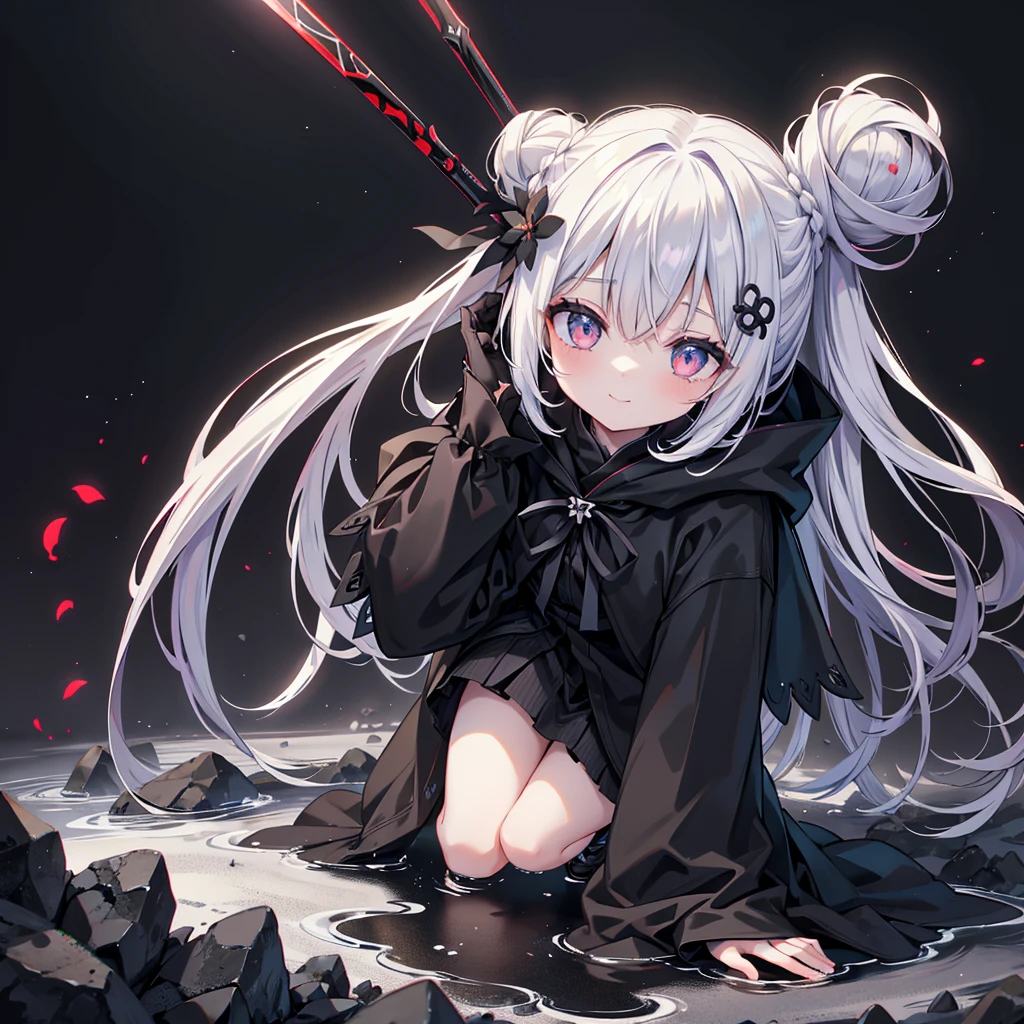 Alone,1 Female\(grim Reaper,cute,Cute,Age 10, hair color is white ,  hair with braids, messy hair,Eye color is dark, big eyes, white skin, big smile,enjoy, full body ,grim Reaperの黒いローブを着て,( black hood ), has a scythe,skip, flower hair ornament with bun head ,White Hair,(Body transparent:0.8)\),background\((Black Sky:1.5),Skull on the ground , dead flowers scattered on the ground ,Red water\), break ,quality\(8k,極めて詳細なCGユニットのwallpaper, ​masterpiece, High Definition ,top-quality,top-quality real texture skin, surrealistic, increase resolution , RAW photo,最高のquality, very detailed,wallpaper\)