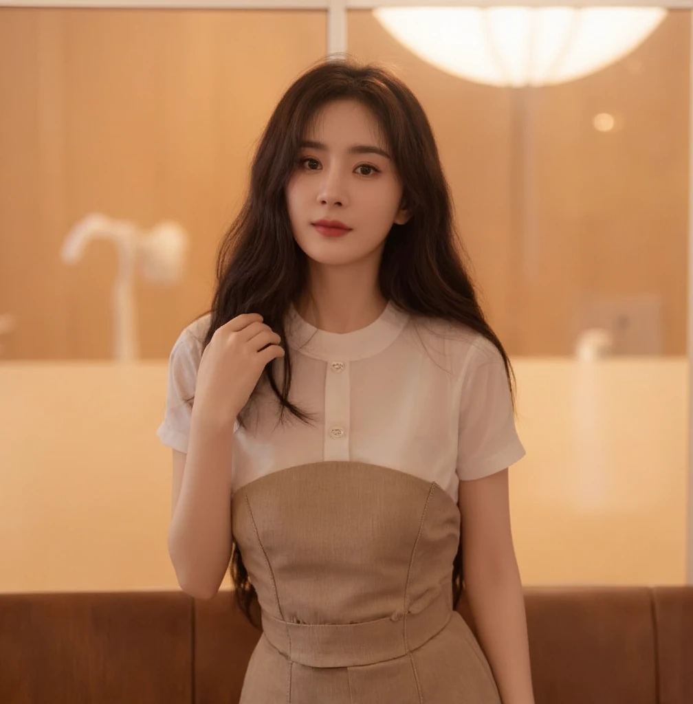  Chinese women, smooth bob, age : 23 years old, height about 177 cm .  white skin, natural and symmetrical shape, dress, short-sleeved white collared shirt, belt,  sexy black pencil skirt ,  standing pose cafe casual 