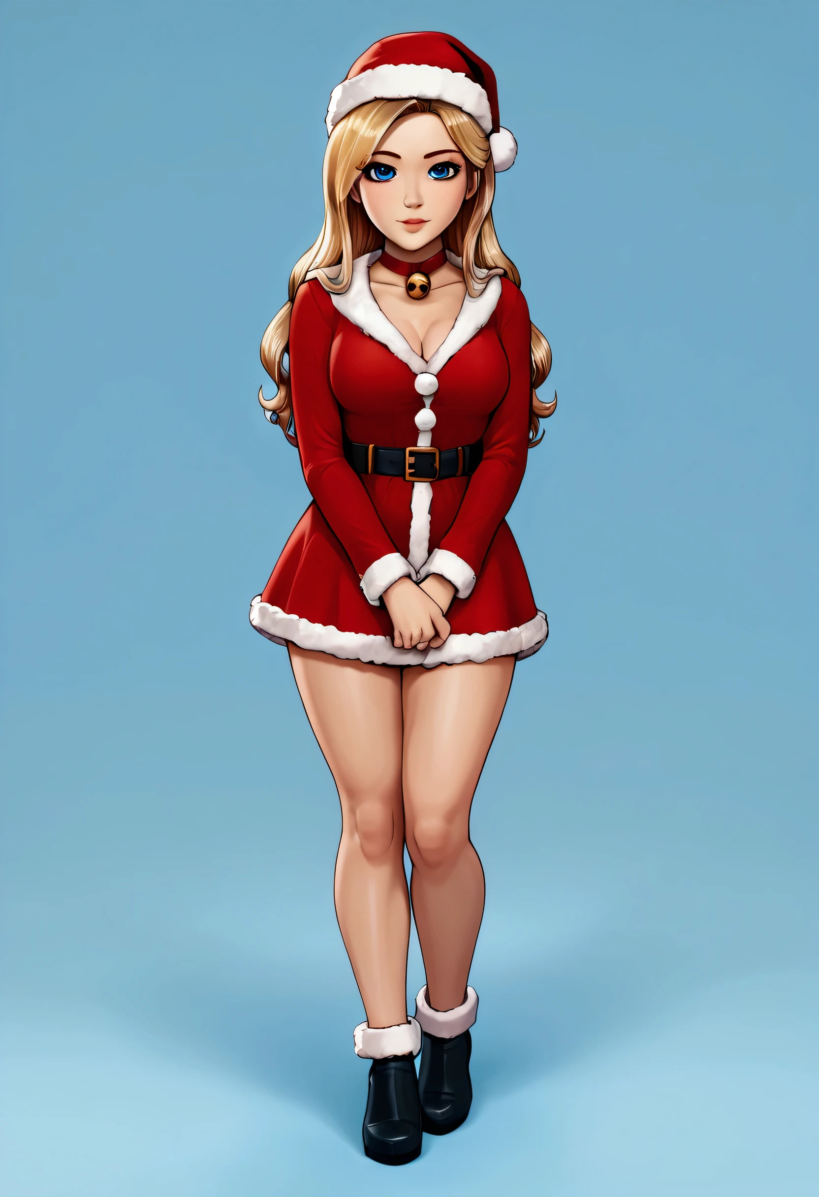 A sexy santa claus girl. Asian. Wearing jingle bells,1girl, Solo, Long Hair, Looking at viewer, Blue eyes, Blonde Hair, High Resolution, Anatomically Correct, Best Quality, full body view