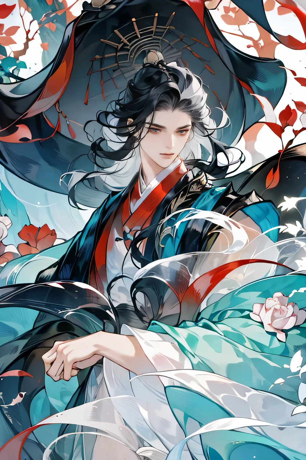 1boys，long black hair，Pale ager，Dark clothes，（（（Rose blanche））），white  shirt，The screen contrast is low，High brightness，Long white hair，Rose flower，bloods，Light blue leaves，softlighting，misterious ambience，Chinese landscape, En plein air, Flowers and trees, waterfallr,butterflys， Portrait, color difference, Depth of field, dramatic shadow, Ray tracing, Best quality, Cinematic lighting, Extremely detailed CG, 8K wallpaper,，