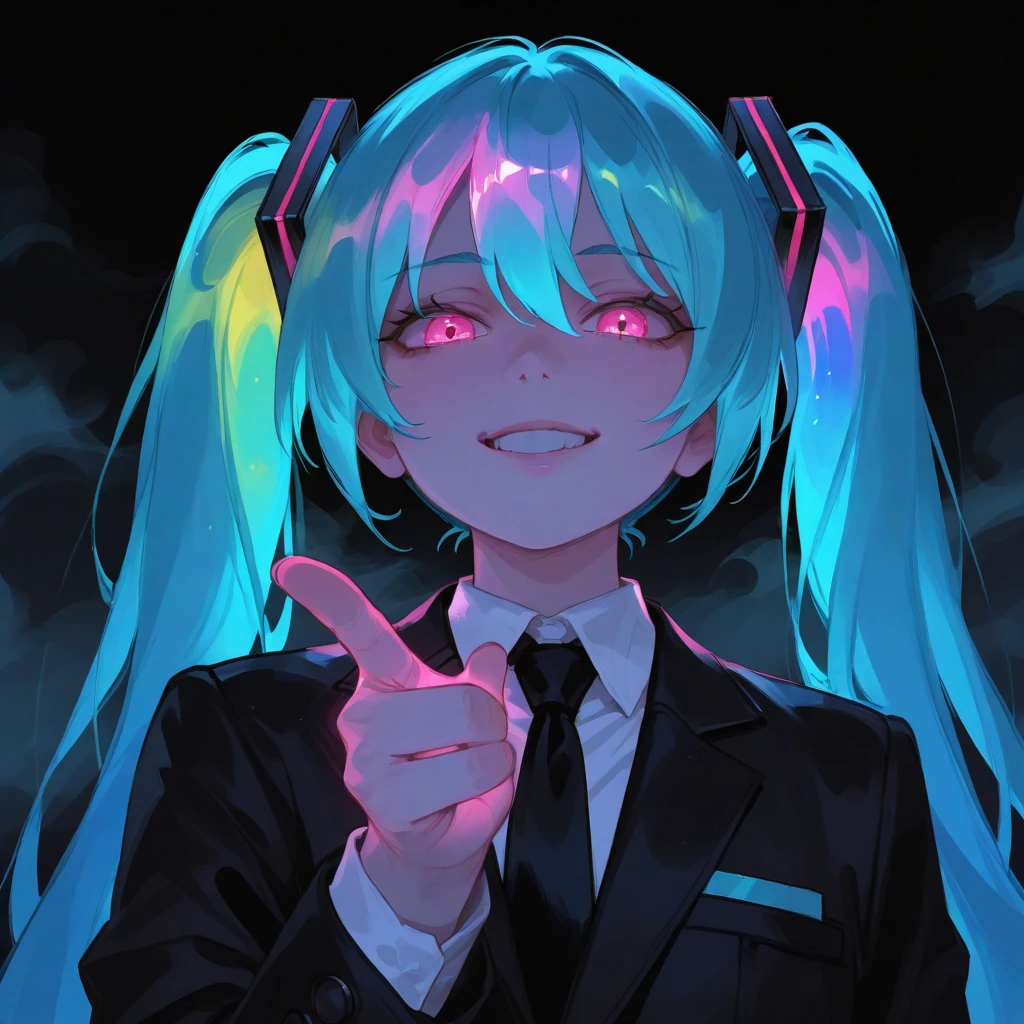 masterpiece,best quality,amazing quality,very aesthetic,absurdres,newest,impactful picture,offcial art,movie perspective, (aos:0.5),(fajyobore:0.5),(chiaroscuro:0.5), Hatsune Miku,limited palette,black background,colorful,vibrant,glowing outline,neon,blacklight,looking at viewer,fog,from_side,from_above,face focus,evil_grin,pointing,glowing_hair,brilliant brilliance,
