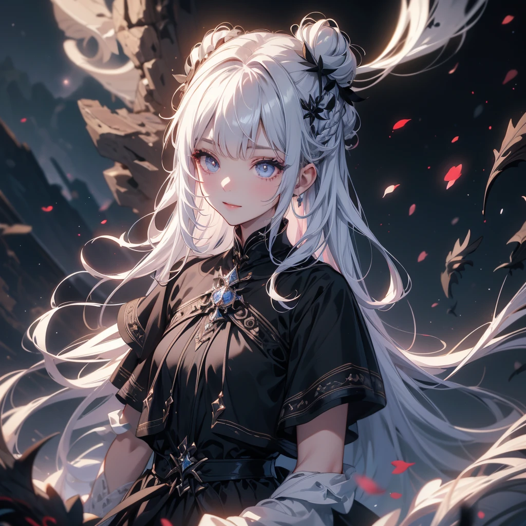 Alone,1 Female\(grim Reaper,cute,Cute,Age 10, hair color is white ,  hair with braids, messy hair,Eye color is dark, big eyes, white skin, big smile,enjoy, full body ,grim Reaperの黒いローブを着て,( black hood ), has a scythe,skip, flower hair ornament with bun head ,White Hair,(Body transparent:0.8)\),background\((Black Sky:1.5),Skull on the ground , dead flowers scattered on the ground ,Red water\), break ,quality\(8k,極めて詳細なCGユニットのwallpaper, ​masterpiece, High Definition ,top-quality,top-quality real texture skin, surrealistic, increase resolution , RAW photo,最高のquality, very detailed,wallpaper\)