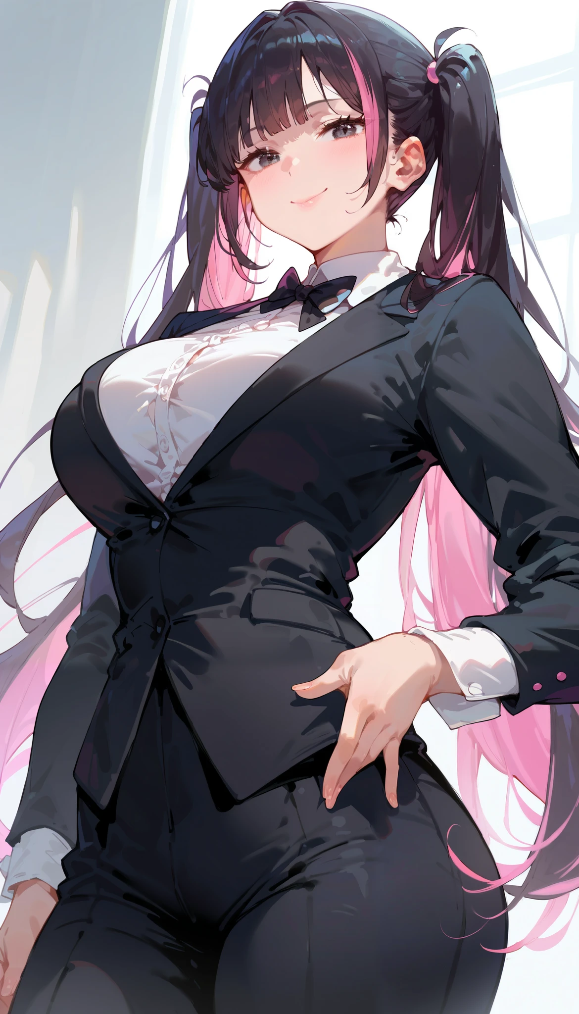 score_9_up, score_8_up, score_7_up, high quality, shaded, masterpiece, light blush, 1girl, Black hair, pink streaks, streaked hair, long hair, black eyes, huge tits, curvy hips, cute expressions, tuxedo, standing, smiling, closed mouth, tuxedo shirt, tuxedo pants, twintails