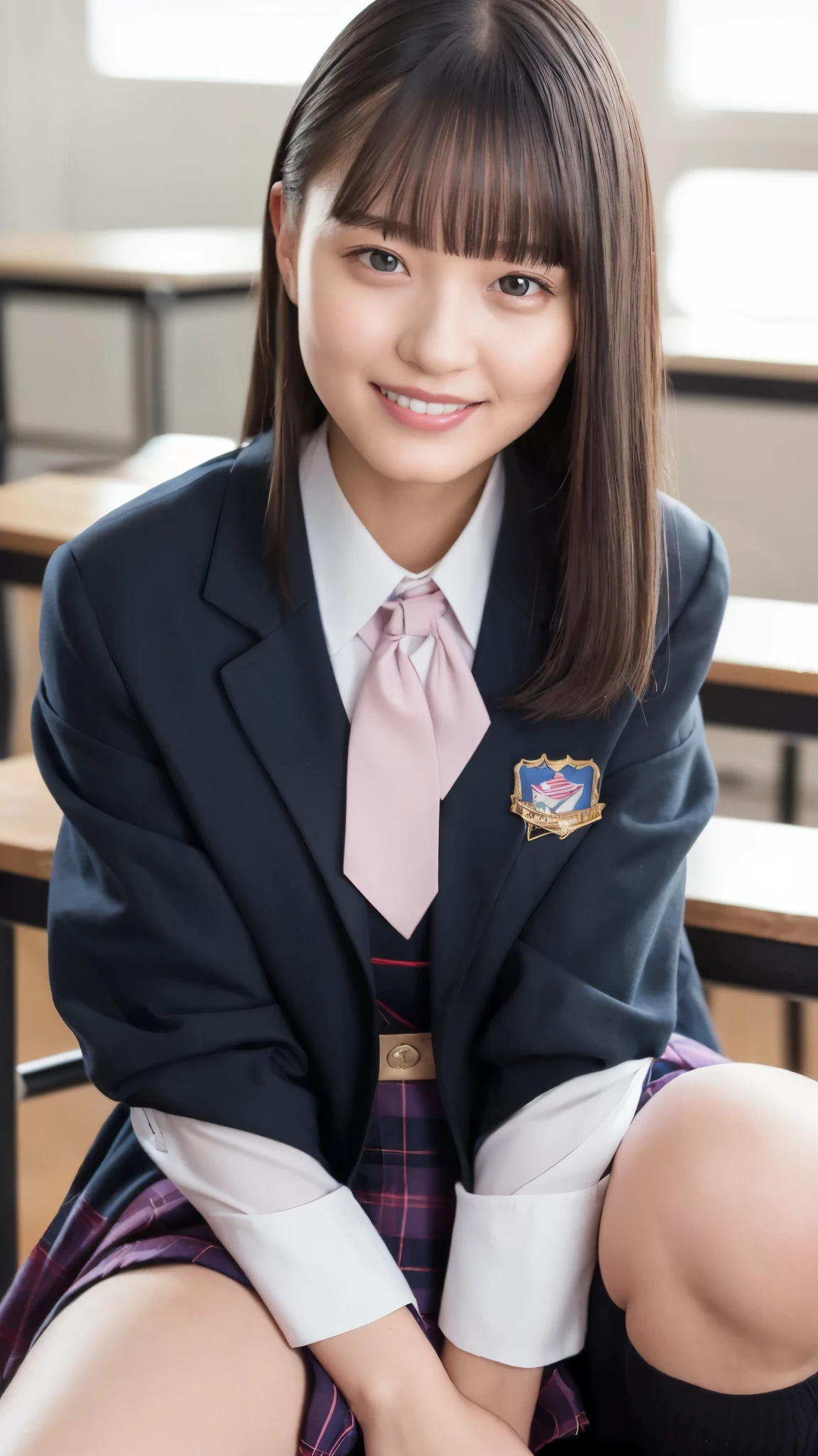 (Highest quality, 4K, 8k, High resolution, masterpiece, Genuine, Realistic, Realistic:1.3), (upper body), Girl sitting on the school desk in classroom, blue neckerchief Uniform, Dark Blown Blazer, blown plaid skirt, Gal Makeup, wearing oversize dark sweater amd white collared shirts, dark black pantyhose, ((pink hair)), Gold Bracelets, 19-year-old, bangs, grin,Thighs, knees, From below, pinching skirt:0.7, black long socks, open legs:0.8,