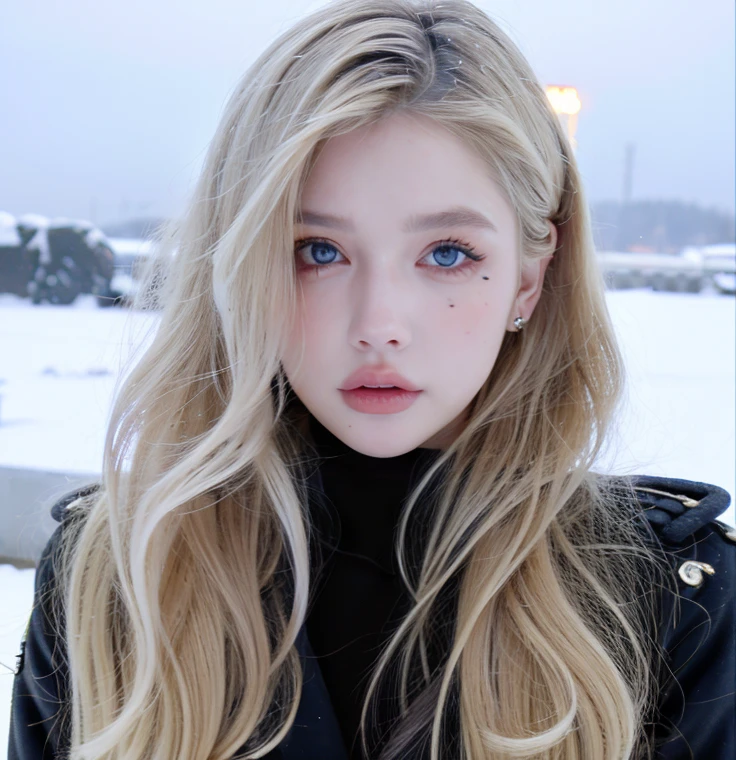   beautiful woman  ,Cute,  huge natural breasts  ,  Blonde curly hair /current,  dark blue eyes and face drawn in detail,  not too thin  ,   to make it ultra-realistic ,   Western European girl  ,Snowy weather , military uniform (elements of modern military clothing  ),  , extremely detailed blue eyes ,  Very long wavy blonde hair, glowing diamond earrings