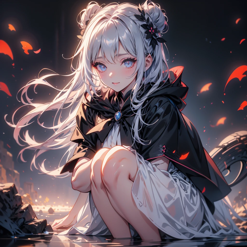 Alone,1 Female\(grim Reaper,cute,Cute,Age 10, hair color is white ,  hair with braids, messy hair,Eye color is dark, big eyes, white skin, big smile,enjoy, full body ,grim Reaperの黒いローブを着て,( black hood ), has a scythe,skip, flower hair ornament with bun head ,White Hair,(Body transparent:0.8)\),background\((Black Sky:1.5),Skull on the ground , dead flowers scattered on the ground ,Red water\), break ,quality\(8k,極めて詳細なCGユニットのwallpaper, ​masterpiece, High Definition ,top-quality,top-quality real texture skin, surrealistic, increase resolution , RAW photo,最高のquality, very detailed,wallpaper\)