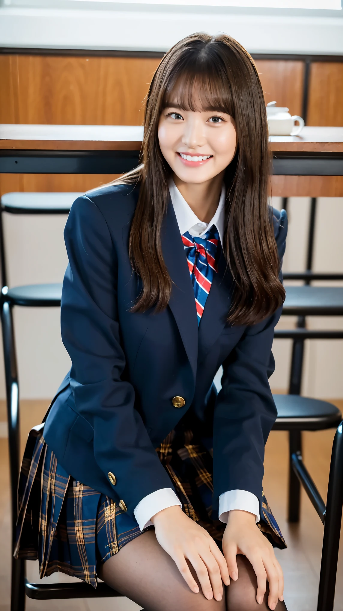 (Highest quality, 4K, 8k, High resolution, masterpiece, Genuine, Realistic, Realistic:1.3), (upper body), Girl sitting on the school desk in classroom, blue neckerchief Uniform, Dark Blown Blazer, blown plaid skirt, Gal Makeup, wearing white collared shirts, dark black pantyhose, ((wavy long brown hair)), Gold Bracelets, 18-year-old, bangs, grin,Thighs, knees, From below, pinching skirt:0.7, open legs:0.8,