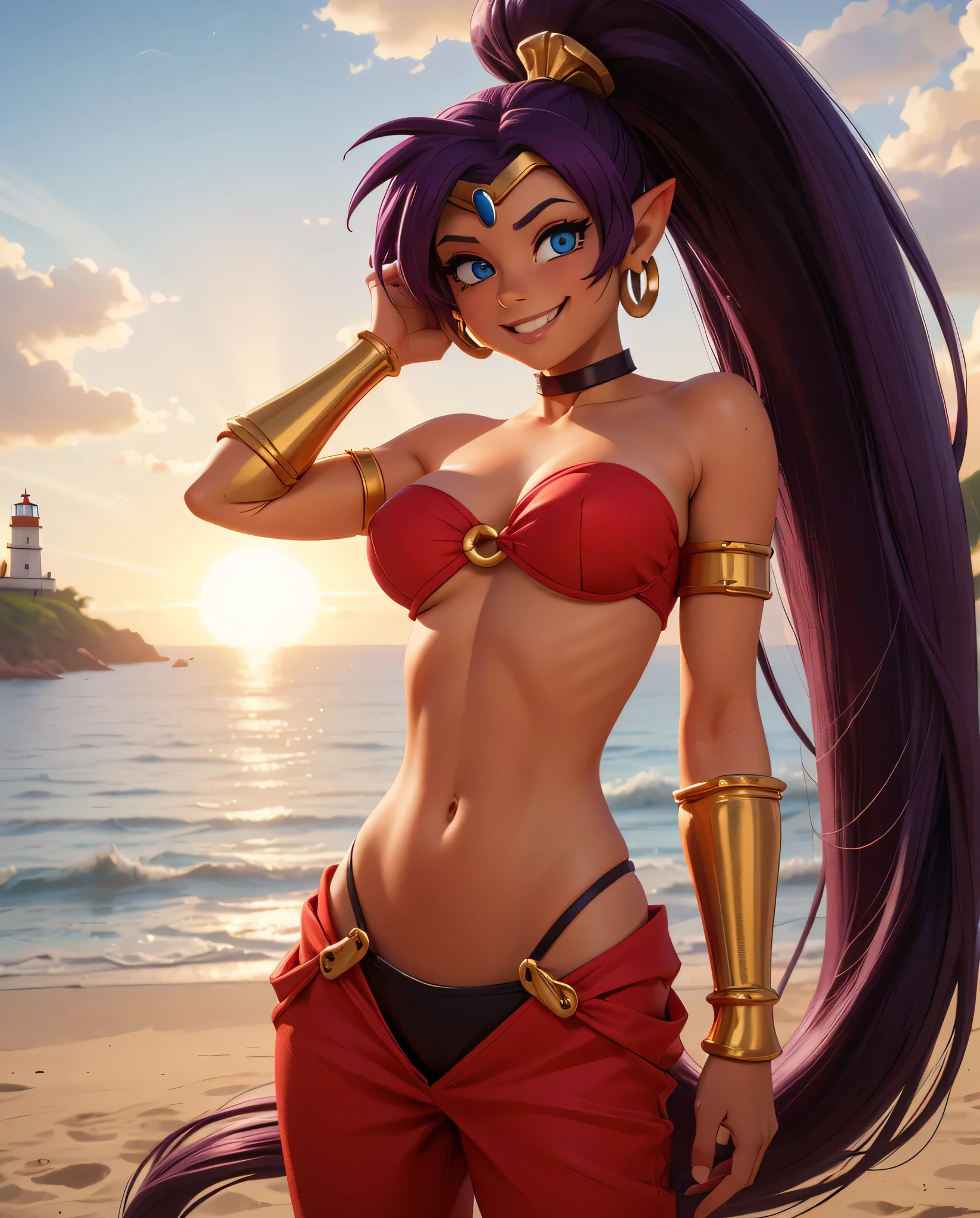 ((Shantae)), ((masterpiece)), ((high resolution)), ((cartoon style)), ((solo portrait)), {(attractive figure), (toned body), (eccentuated curves), (dark skin tone), (brown skin), (purple hair), (spiky bang), (long ponytail), (cute blue eyes), (white reflection in eyes), (long eyelashes), (cute grin)}, {(red o-ring bandeau), (vambraces), (red harem pants), (black panties over pants), (gold bracers), (gold tiara), (hoop earrings), (red choker)}, {(standing), (looking at viewer)}, ((beach)), ((glistening ocean)), ((lighthouse)), ((sun rays))