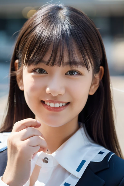 Generate a highly realistic image of a young woman with long, dark hair styled with bangs. She is wearing a dark-colored business suit with a white shirt underneath. She is taking a selfie, holding the camera in one hand while smiling naturally. Her facial expression is friendly and relaxed, with a slight playful touch as she gestures towards the camera with her free hand. Focus on detailed skin texture, realistic hair strands, and soft lighting that creates gentle shadows on her face. The background should be a simple, plain indoor wall with natural lighting from the side, giving the scene a casual, everyday feel. The perspective should simulate a selfie, with the camera angle close and slightly from above.