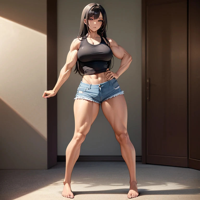 Woman in black bikini and small man in white shirt, weak and small man, thin and small physique, Very beauthful. , ,weak and defenseless man, small physique, , muscular ultraviolent woman, muscular and scary, absurdly huge physique, big muscles, extremely muscular woman, lifting on the pe, raising the leg , leg up, ((leg raised in kick)),