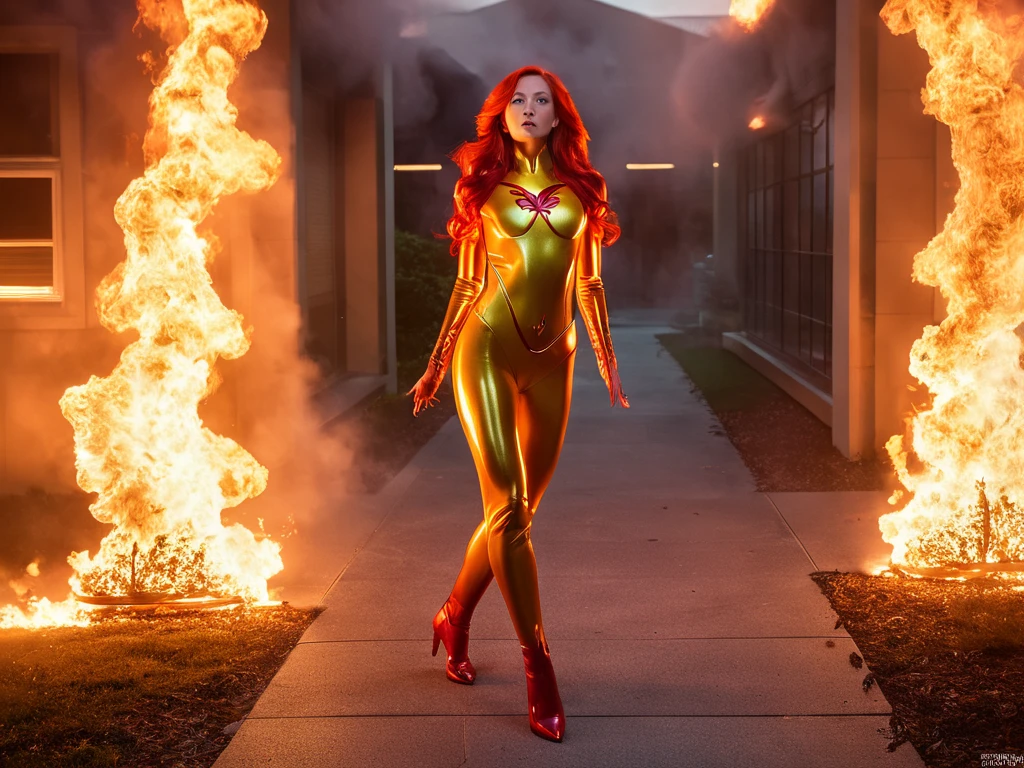 Realistic and cinematic photo of Jean Grey (a.k.a. Marvel Girl) from the X-Men as the Phoenix burning, furious and levitating over the Xavier Institute, over scared mutants, members of the X-Men. Postapocaliptic but vibrant and playful vibe of the photography. She nude and on fire. Scene like naked Usagi from final episode of Sailor Moon.