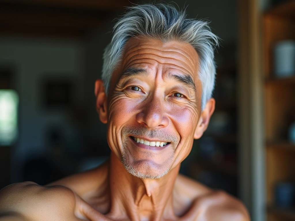 in 8K、top-quality、ultra-detailliert、masterpiece、realisitic、Photo Real、Handsome man in his 40s、Portrait Shot、Impressive white teeth with a smile、Balinese male