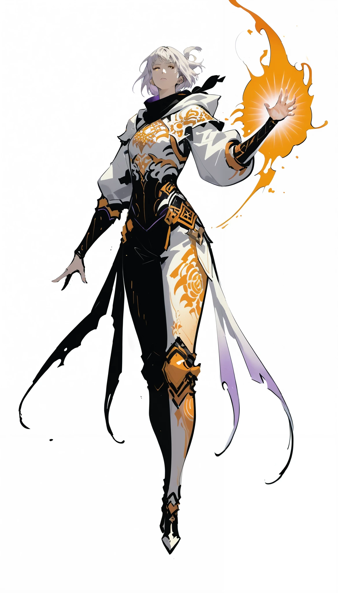 woman in fantasy clothes, white short hair in a ponytail, white hood, Torn black scarf, white purple and black Armor, aura (orange),, perfect Anatomy, intricate pencil sketch, un-zoom, highly detailed, Dynamic pose, white background, full body view