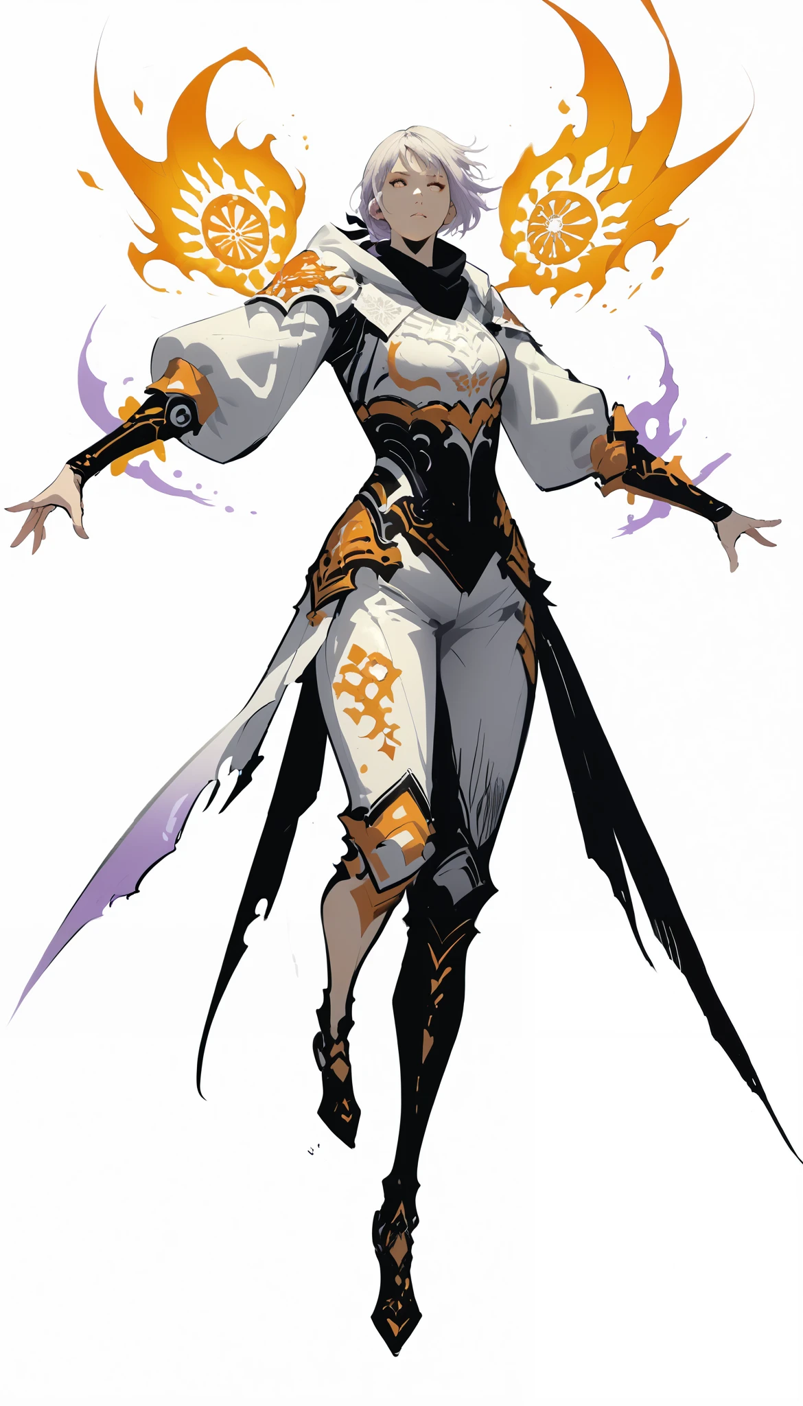 woman in fantasy clothes, white short hair in a ponytail, white hood, Torn black scarf, white purple and black Armor, aura (orange),, perfect Anatomy, intricate pencil sketch, un-zoom, highly detailed, Dynamic pose, white background, full body view