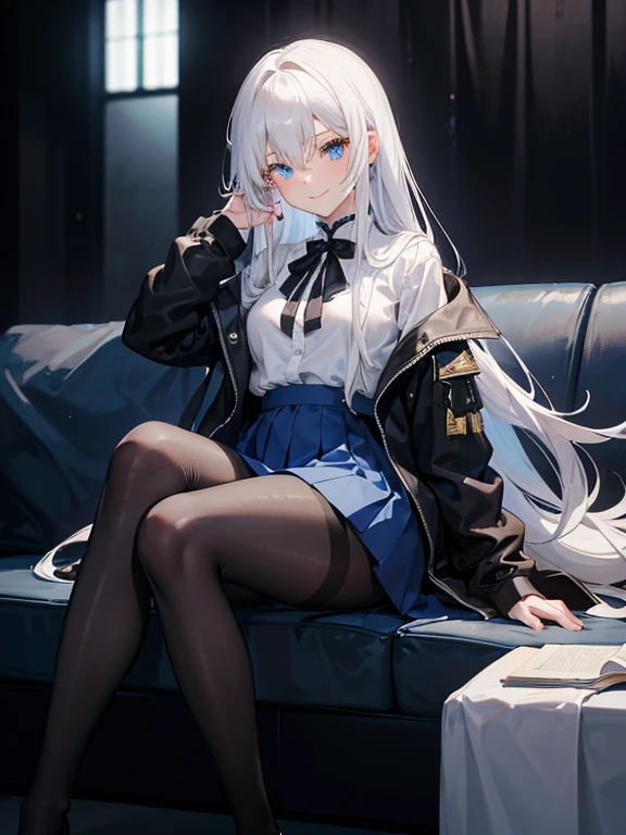white hair,blue eyes,(Long hair single ponytail),((black)),(bar drinks),sit on the chair,highest quality,8k,B cup,hairpin,Sailor suit,short skirt,(slight blush on cheeks),smirk,spread legs