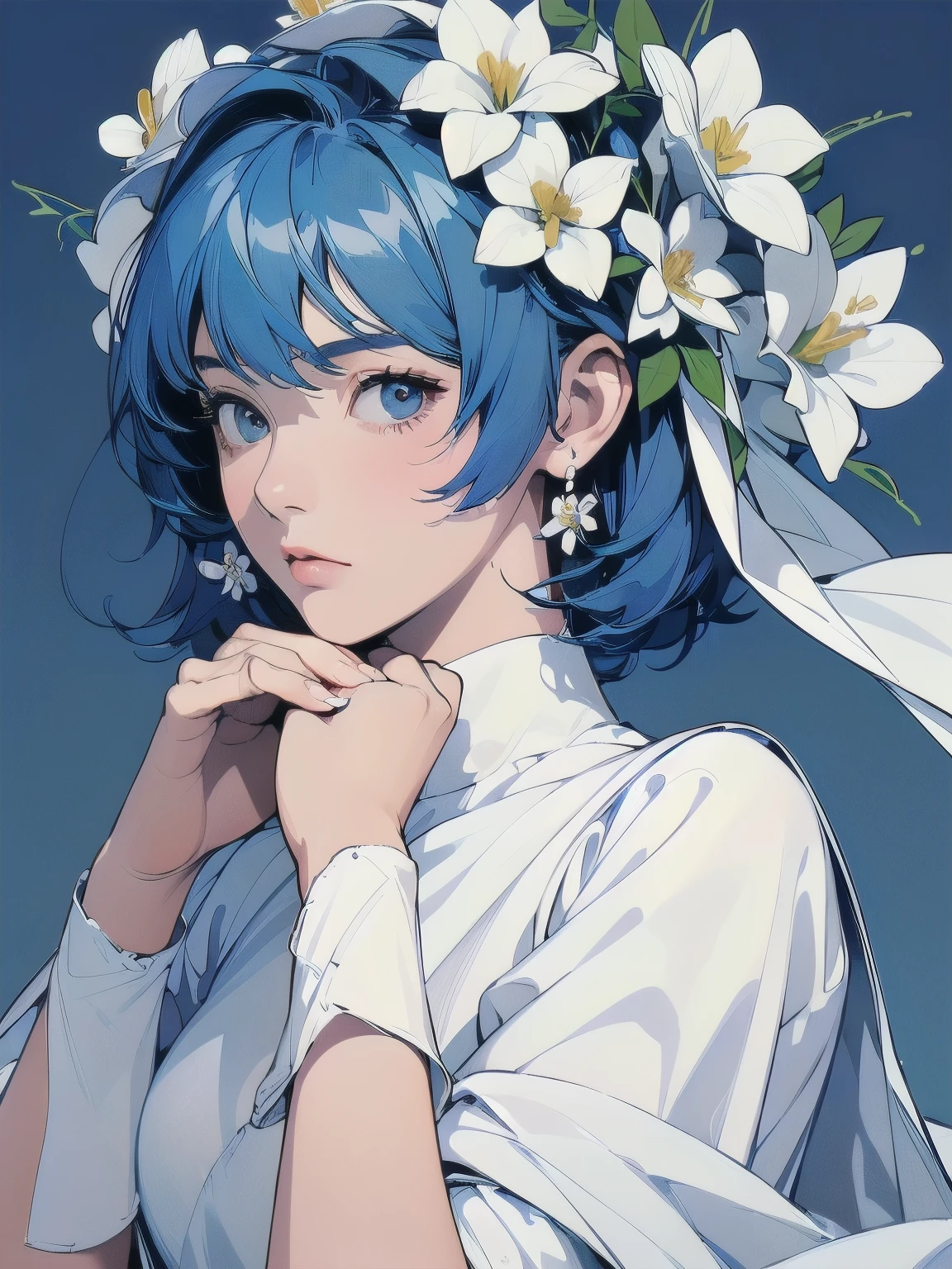 (((masterpiece, Highest quality)))、(((32K Wallpapers)))、(((trigun)))、Persona、Beautiful woman, Upper Body、Model Pose、mysterious、Small breasts、Short sleeve、(((blue hair))),Lots of flowers、Angel、(((Wear a white cloth on your head)))、detailed hair, (((White flower)))、Fluffy cloth、Big white ribbon