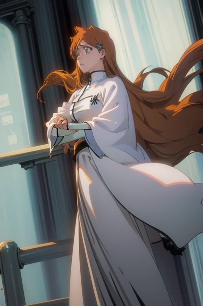 Orihime as a Quincy member,  long organ hair, brown eyes, 