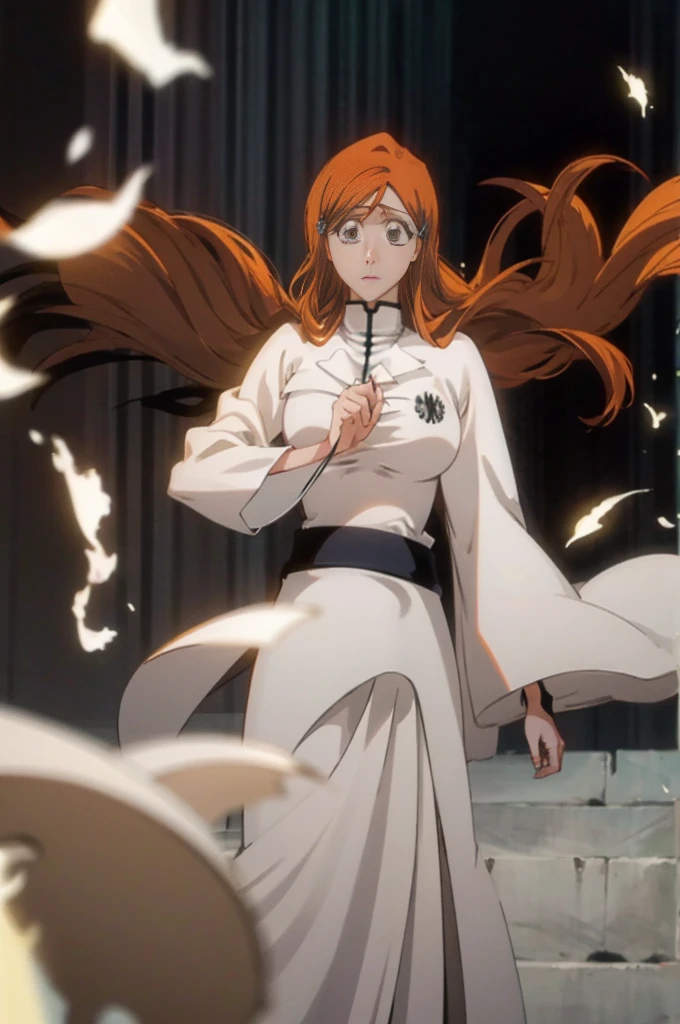 Orihime as a Quincy member,  long organ hair, brown eyes, 