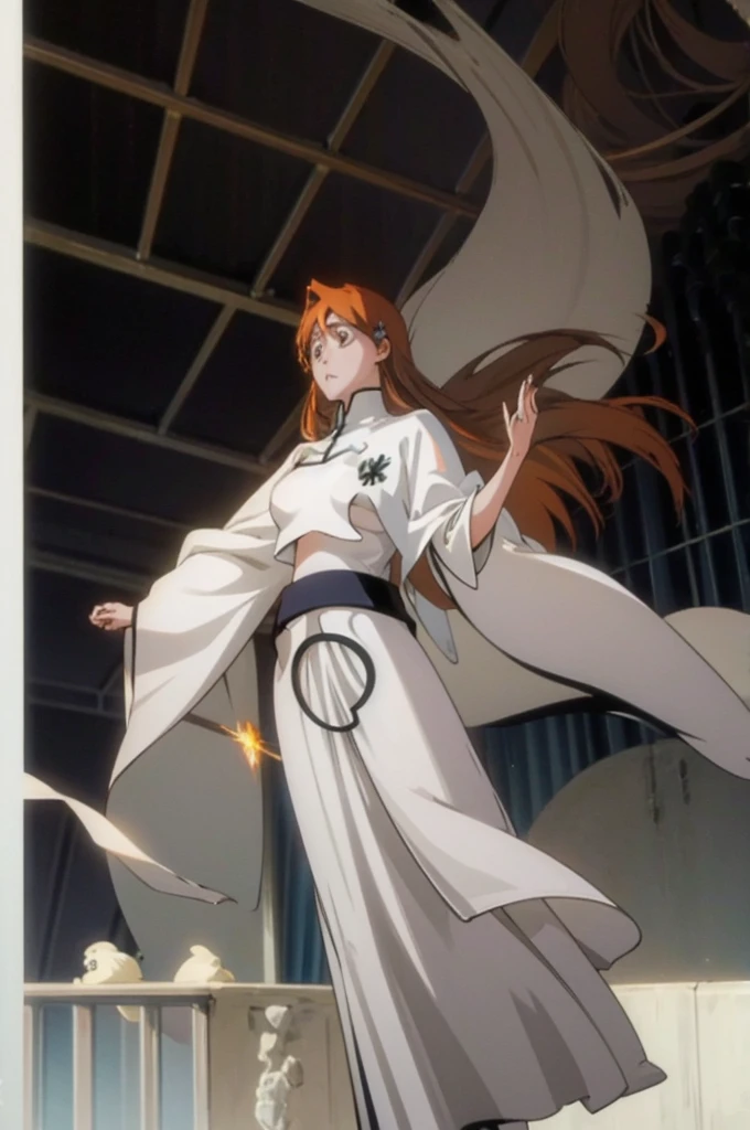 Orihime as a Quincy member,  long organ hair, brown eyes, 