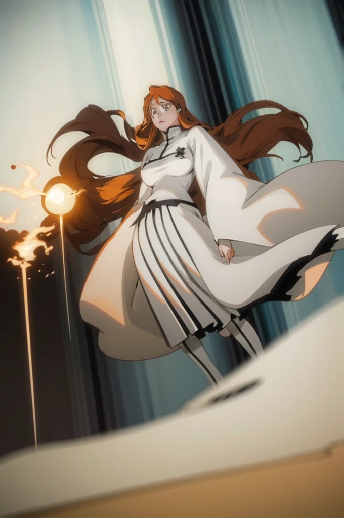 Orihime as a Quincy member,  long organ hair, brown eyes, 