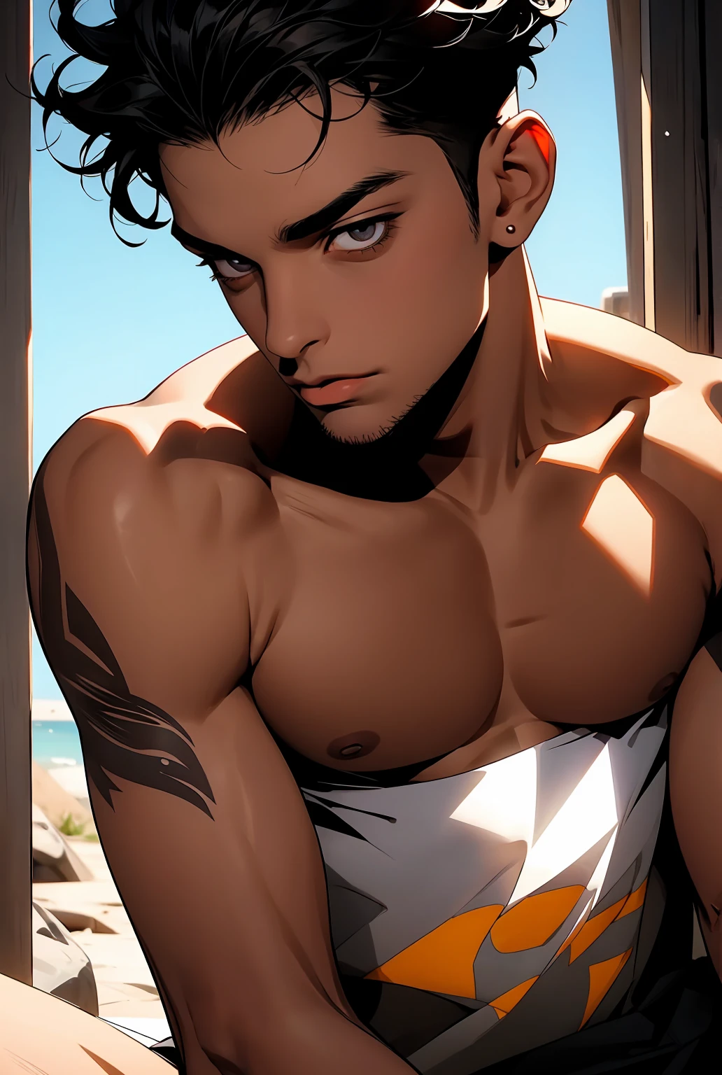 tight mini shorts, 19 year old, Tarzan((obra de arte, melhor qualidade, high resolution)) A handsome man with black demon wings, olhos vermelhos, Orelhas pontudas, muscular