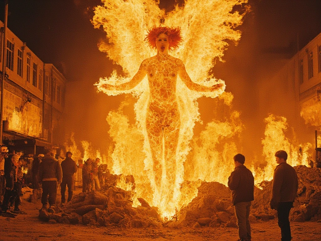 adoration, veneration, anticipation, ecstatic, excited, in love, Bettina Rheims shot, The holy saint of alchemists, sacred, fire, light rays, pagan saint, inri, full body shot, prayer