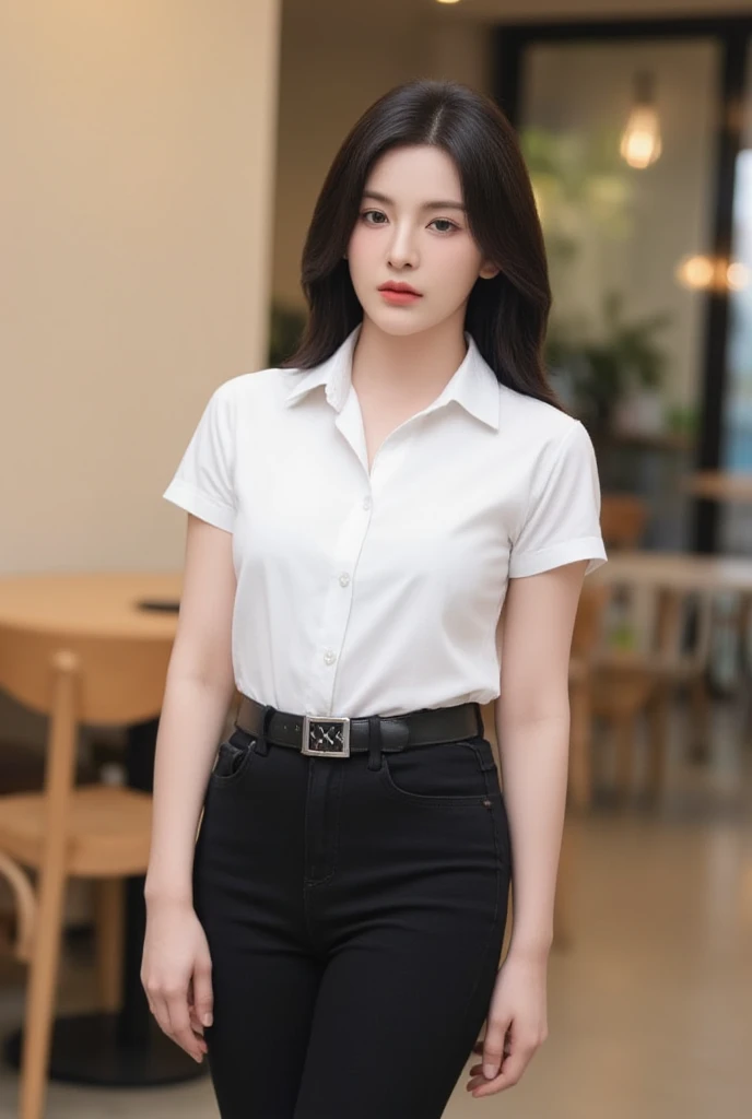  Chinese women, smooth bob, age : 23 years old, height about 177 cm .  white skin, natural and symmetrical shape, dress, short-sleeved white collared shirt, belt,  sexy black pencil skirt ,  standing pose cafe casual 