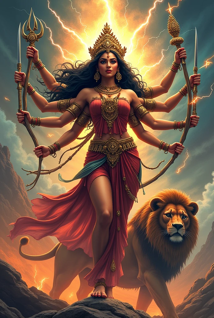 A powerful Greek goddess stands, with 10 arms and a trident in each hand.  His countenance exudes divinity and power, and he has long straight hair and a regal expression.  Beside him is a fierce lion.  The background contains elements of ancient Greek architecture and hints of a stormy sky, which will add to the drama of the image