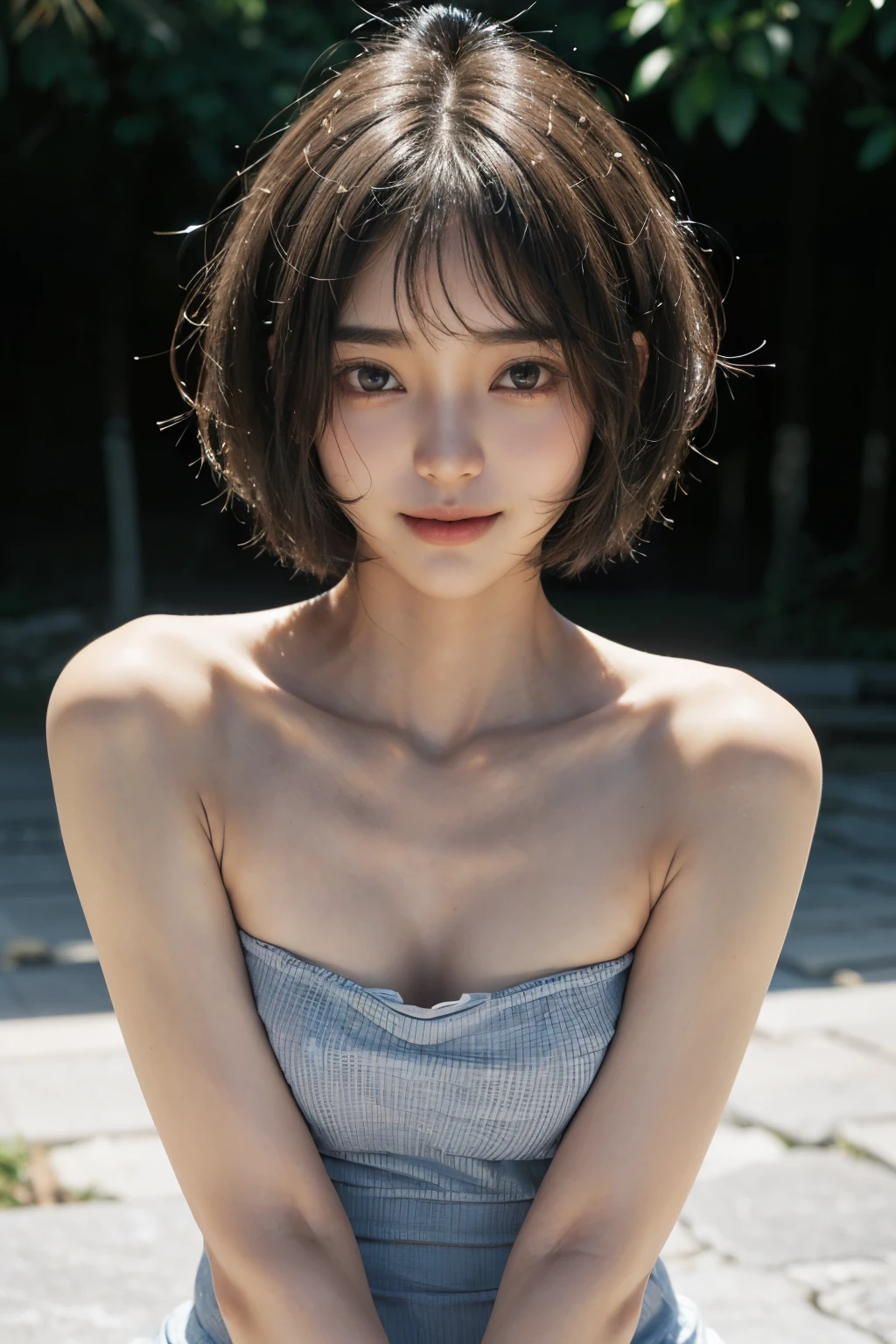 Best quality, masterpiece, ultra high res, (photorealistic:1.5), raw photo, 1girl, offshoulder, in the dark, deep shadow, low key, cold light, sexy look, short hair