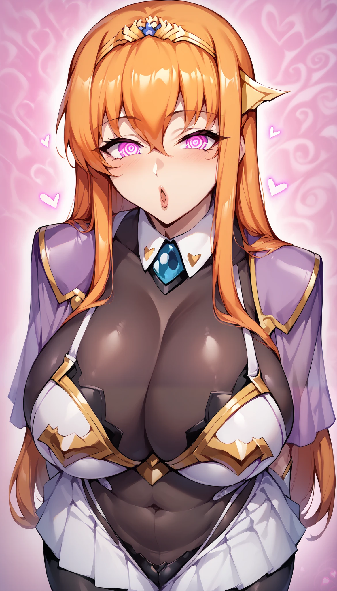 masterpiece,, Maya Cordelia ( Hentai : kangoku senkan 2) ,1 female,Big Breasts,       mature,  Pink Wallpaper,Heart Wallpaper       , darkroom,   orange hair, long hair, sidelocks, purple eyes, tiara,
 capelet , white bra, detached collar, bodystocking, white gloves, pleated skirt, black pantyhose,,           (Big Breasts:1.4),        #concept
#throw
#mind control
# Hentai 
#hypno
#phone
#NSFW
#brainwash
#cellphone
#mind control device
#brainwashing machine for your waifu!
#throw hypnosis app