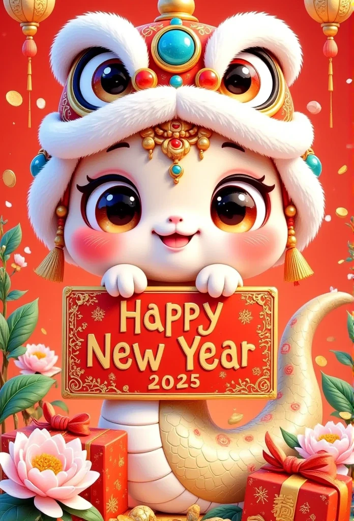 Cute Chinese snake with red gift boxes and calendar, golden text "Happy New Year 2025", light yellow plum blossoms, cartoon style, red background, New Year's atmosphere, graphic design poster art, bold lines, high-contrast shadows,  high resolution, super details, 8K