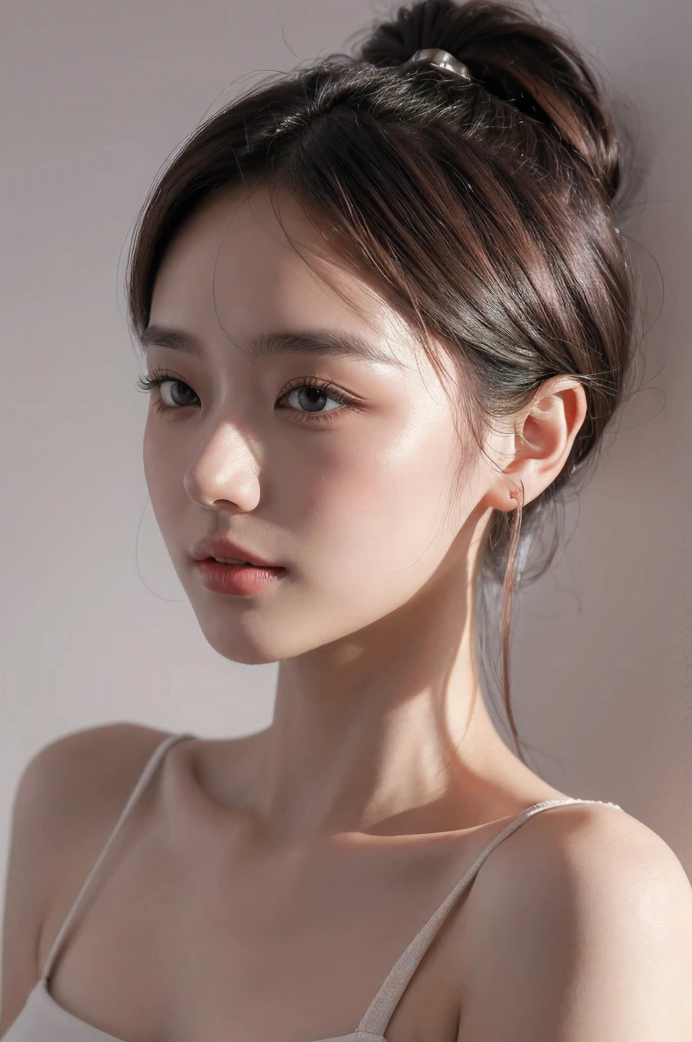 ((Highest quality, 8k wallpaper, masterpiece : 1.3)), (Well-defined abs : 1.1), (Ultra Resolution : 1.0), Beautiful Lighting, Soft lighting, Daylight, Sunlight, Realistic Shadows, Ultra Detailed, Studio shoot, Photography, A beautiful Korean girl, Detailed skin texture, Fine eyes, Blush, Realistic eyes, Detailed Lips, Glossy lips, Glossy face, Dark brown hair, (Never exposed : 1.3), Naturally, Thin layer make up, Bright skin, Smooth face, A slight smile on face, A face in profile.