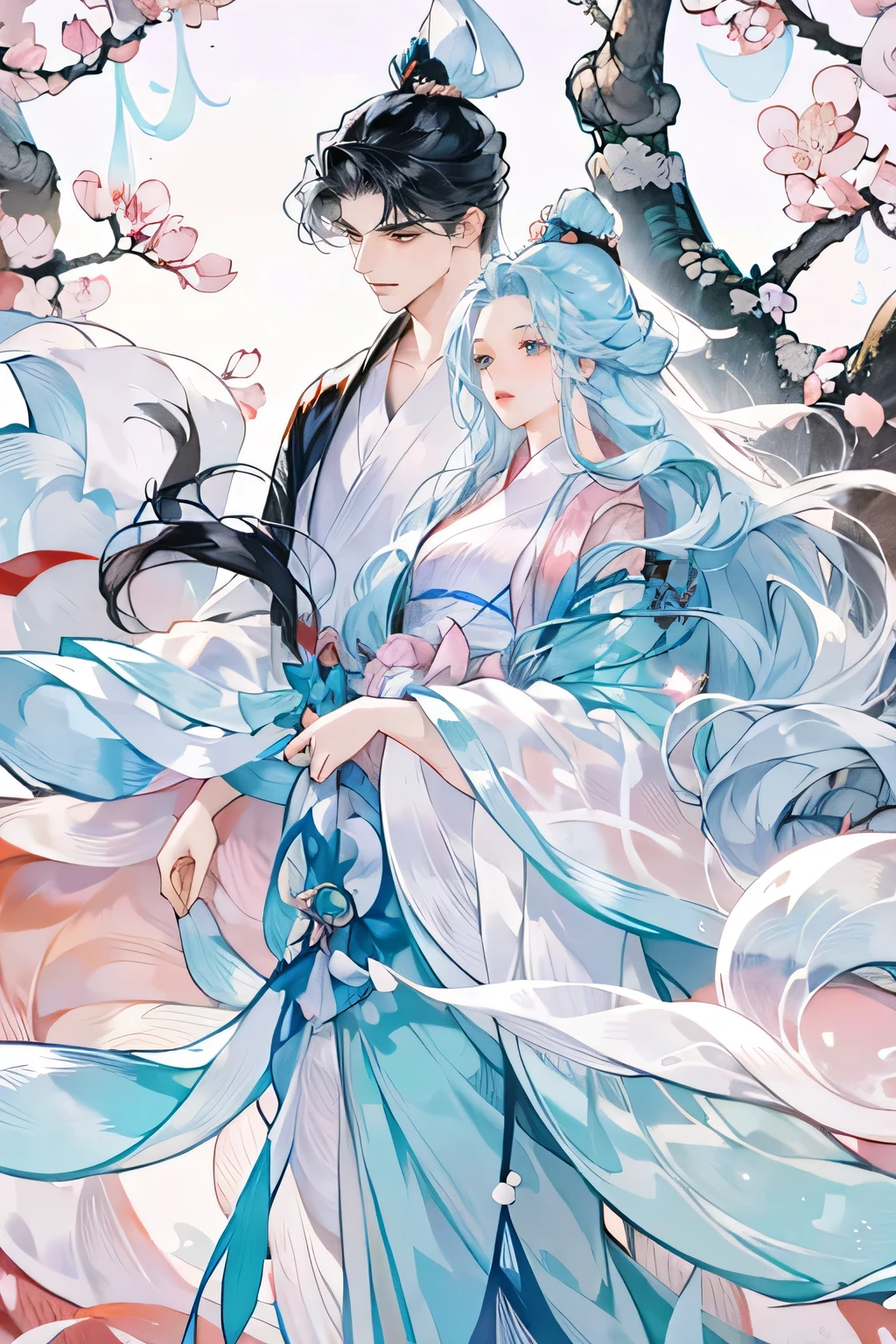 Anime couple in traditional costumes standing in front of cherry blossom trees, flowing white robe, White Hanfu, Long flowing hair and robes, Wearing a white robe!, palace ， Girl wearing Hanfu, Wing Wall and Shurak, Gu Weiss, cotton cloud mage robes, Hanfu, Wearing Chinese clothes, Wearing a flowing robe, Dressed in a white robe