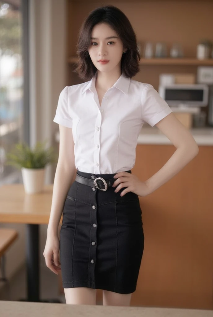  Chinese women, smooth bob, age : 23 years old, height about 177 cm .  white skin, natural and symmetrical shape, dress, short-sleeved white collared shirt, belt,  sexy black pencil skirt ,  standing pose cafe casual 