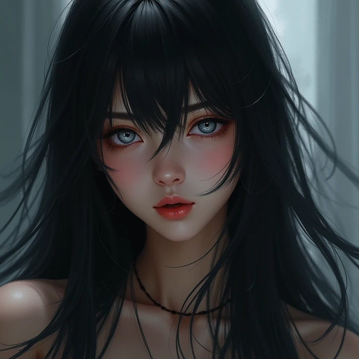 1 girl, demon, crazy expression, evil, red eyes, black blue hair with highlights, (best quality,4k,8k,highres,masterpiece:1.2),ultra-detailed,(realistic,photorealistic,photo-realistic:1.37),intricate details, dark fantasy, chiaroscuro lighting, ominous atmosphere, dramatic contrast, deep shadows, moody colors, blue and red tones