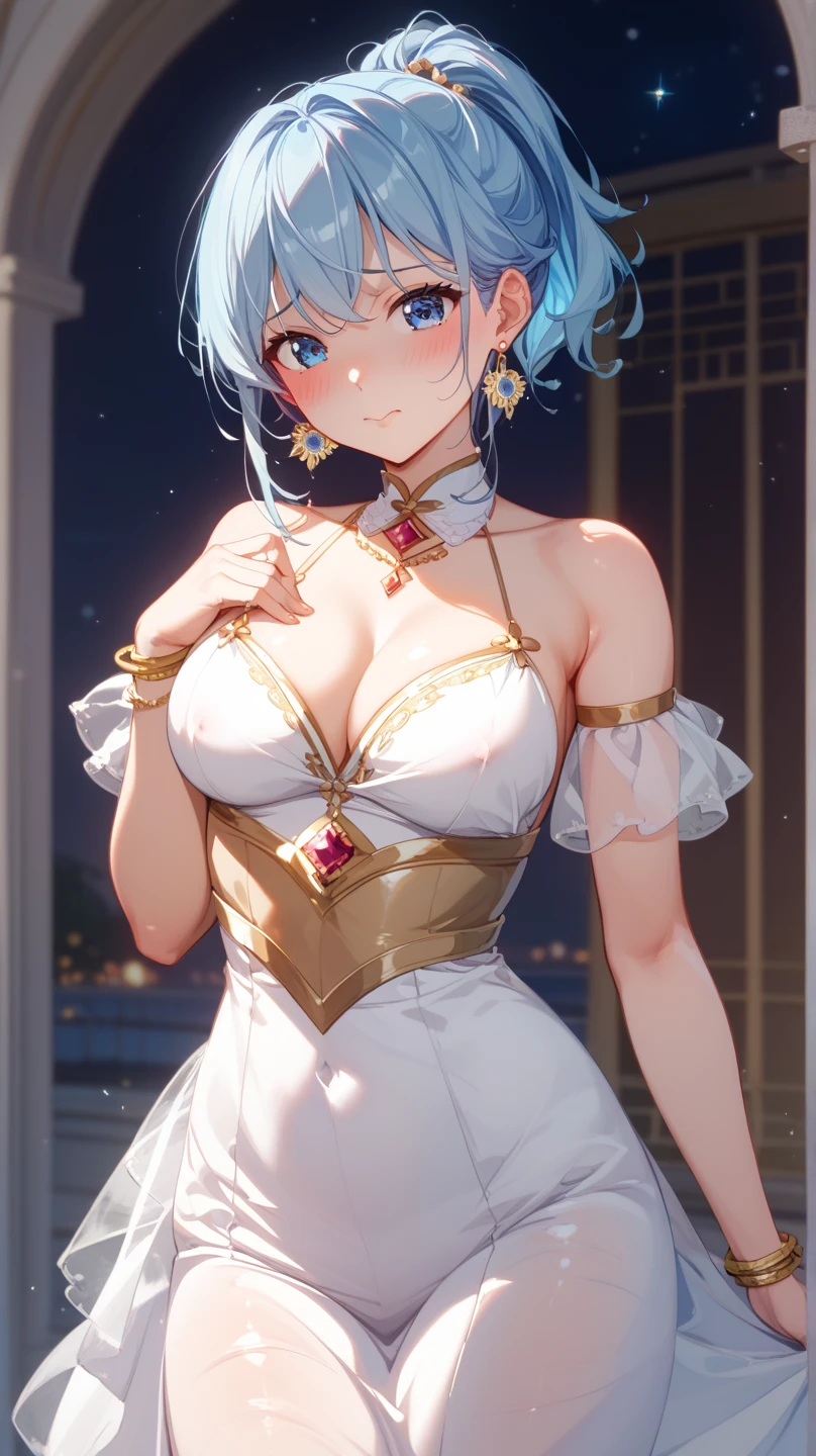 4K quality、 High Quality 、 high definition、 detailed details、 adult woman、 25 year old woman、 light blue hair 、 short ponytail 、 straight hair、Beautiful gold embroidery before flowing on the side 、 big eyes、 blue eyes、輝く瞳、 textured skin、 slender 、 long white dress 、 tight dress、 shiny dress 、金色の綺麗な刺繍、Fits your body、 transparent fabric 、 sparkling earrings 、 standing、front、 from before、blush、Embarrassed、NSFW、
