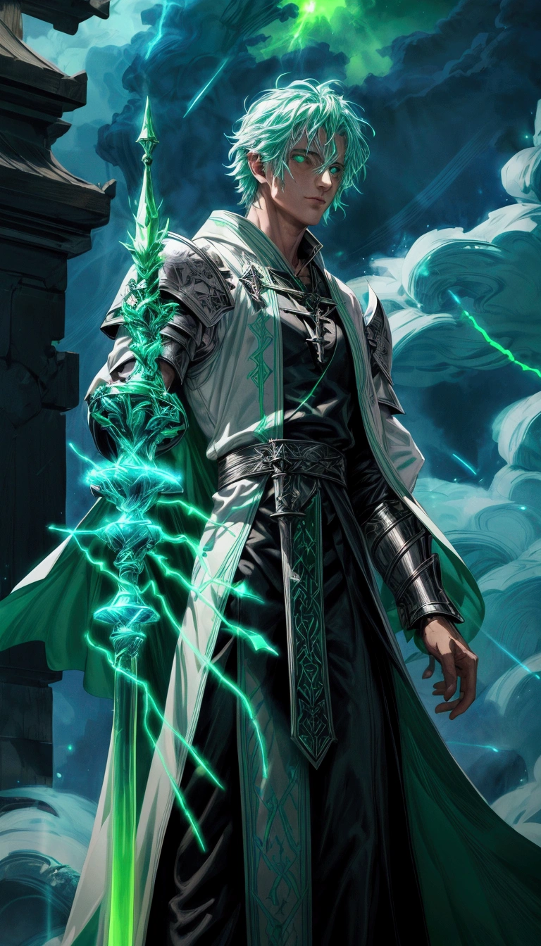 arafed man in a white robe holding a green glowing staff, with glowing runes on the body, green robes, sleek glowing armor, glowing lights in armor, glowing green soul blade, glowing line cracks in armor, holding a magic staff, glowing draconic staff, ornate flowing robes, intricate robes, flowing robes and leather armor, cloud mage robes