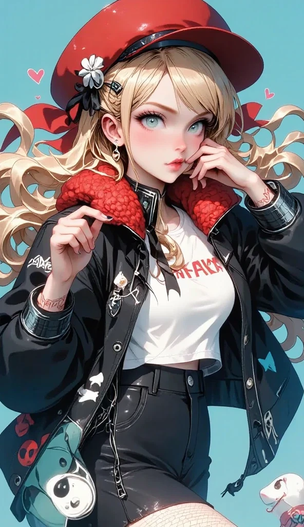 Anatómicamente correcto,  anime girl with a giant teddy bear behind in the background,  she is half profile  ,  red and black plaid miniskirt  ,  three-quarter fishnet stockings  , long black boots,  white sweatshirt with red letters  ,  blond hair fluttering in the wind , red wool hat  ,  red and black jacket that falls on her shoulders  ,  red background  ,  an anime drawing of Masamune Shirow  ,  Dynamic and sensual pose , trend on pixiv, Furry art, Danganronpa digital art,  anime style  ,  anime style ”,  blonde anime girl with long hair  , high quality anime art style ,  ranked among the best in pixiv  , beautiful anime high school girl, obra de arte de  anime style  ,  trend anime illustration 