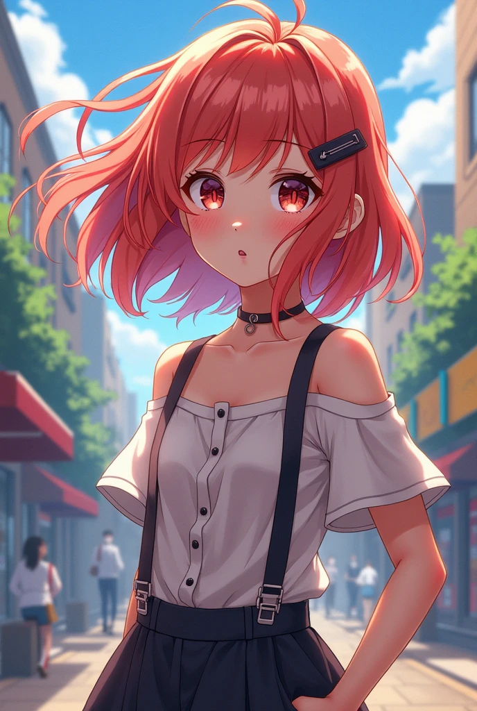 (Masterpiece, BestQuality),anime girl,lofi,japan,street,side view,(16yo,tween,detailed face,eyebrows,eyes with large irises,small breasts,small nose, fresh lips,shiny skin,short hight),